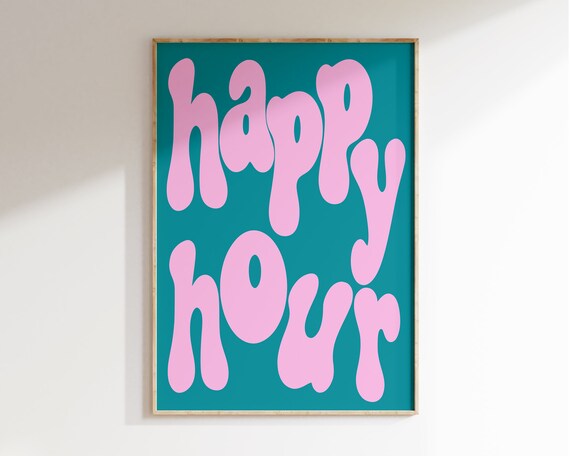 Happy Hour Pink Bubble Letter Retro Typography Poster Teal Decor