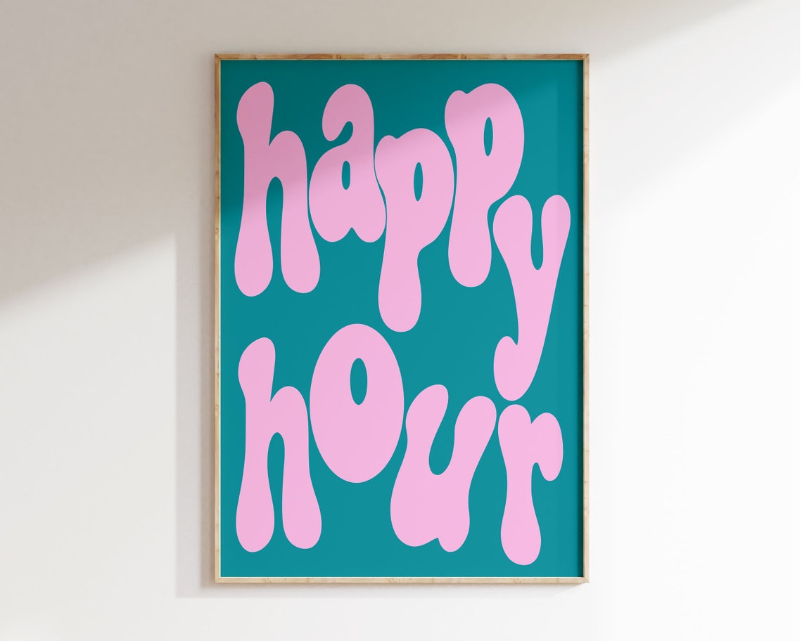 Happy Hour Pink Bubble Letter Retro Typography Poster Teal Decor