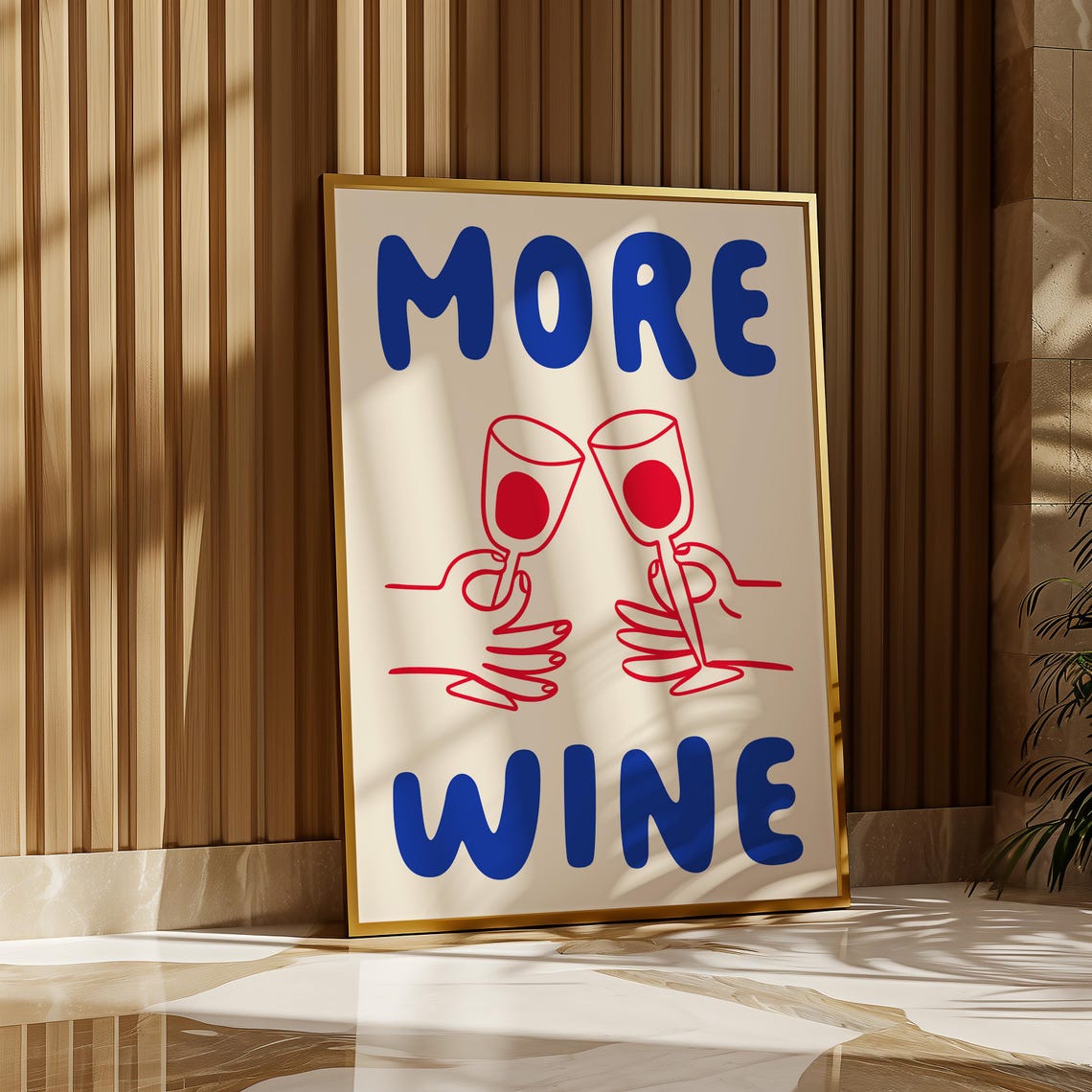 More Wine Hand Drawn Kitchen Bar Cart Blue Red Cheers Poster - Image 4