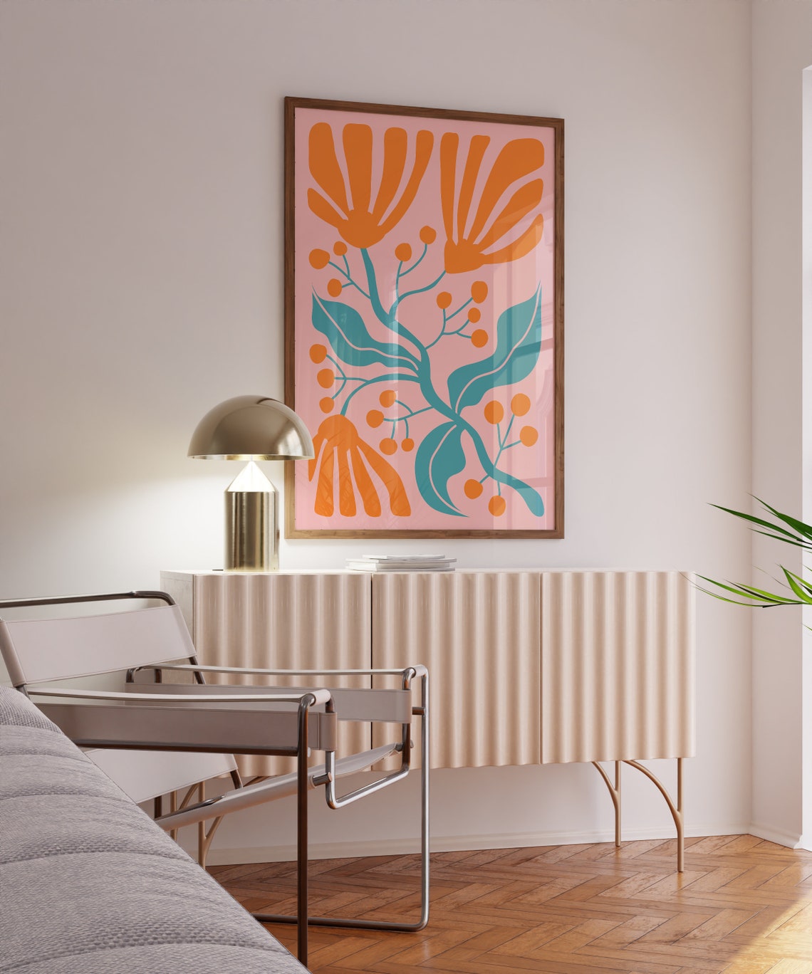 Orange Flowers Teal Stems on Pink Abstract Botanical Art Poster - Image 2