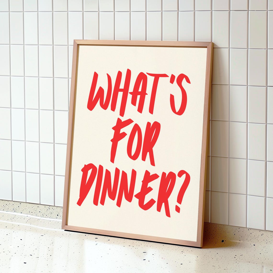 Whats For Dinner Red Brush Script Cream Retro Kitchen Art Poster