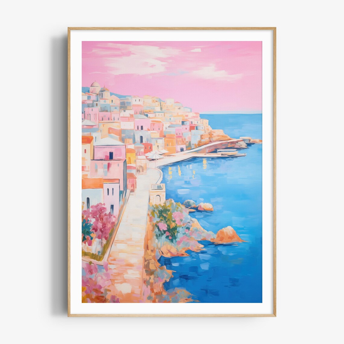 Pastel Mediterranean Coastal Town Painting Pink Sky And Blue Sea Poster - Image 4