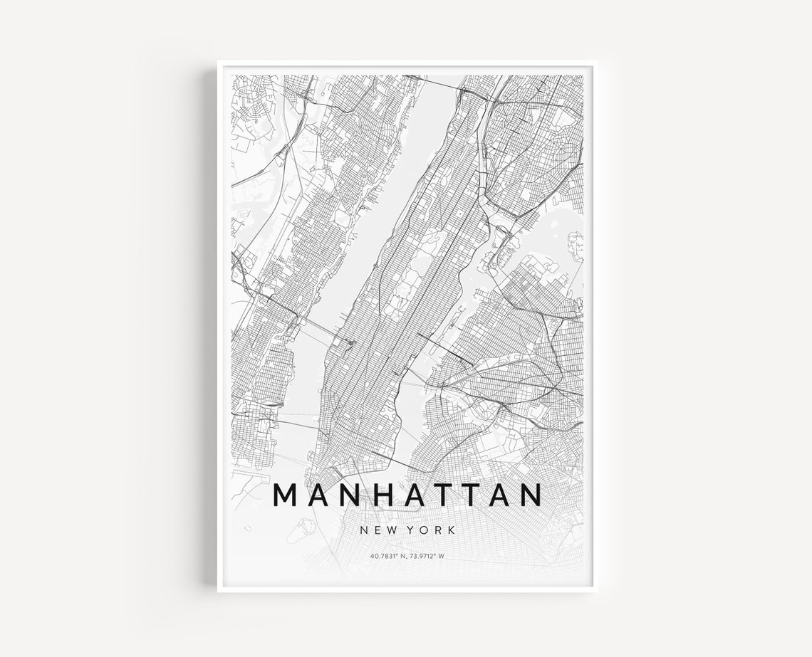 Manhattan New York Minimalist White Grey Borough Map Wall Poster