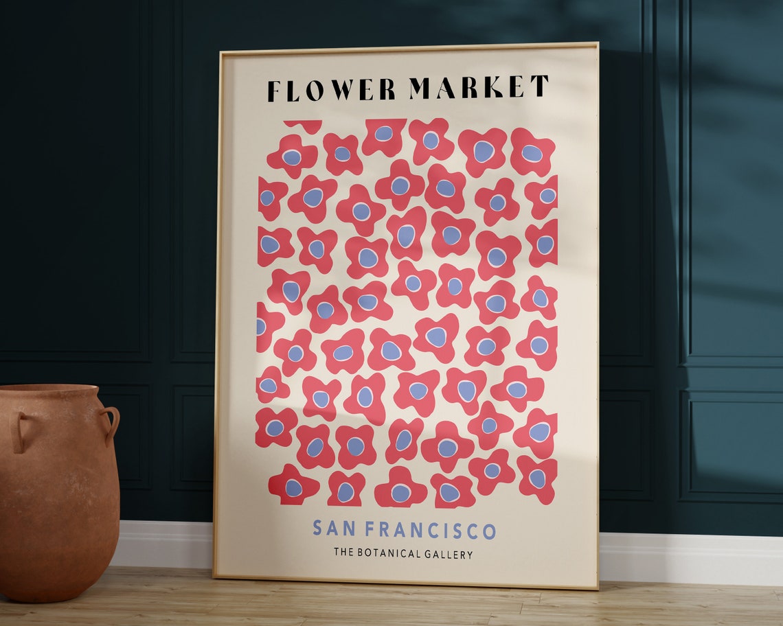 Flower Market Art Print Pink Flower Market Poster Flower Market Wall Art Retro 70s Flower Market Retro Flowers F039