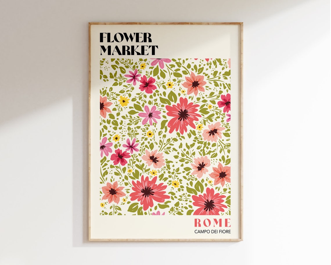 Rome Flower Market Retro Pink Botanical Poster Campo Dei Fiore Art