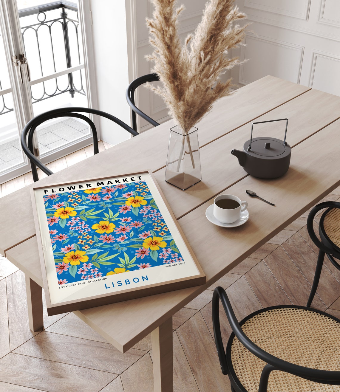 Lisbon Flower Market Print Blue Yellow Flower Market Poster Floral Art Poster Botanical Gallery Wall Boho Flower Market Print F171 - Image 2