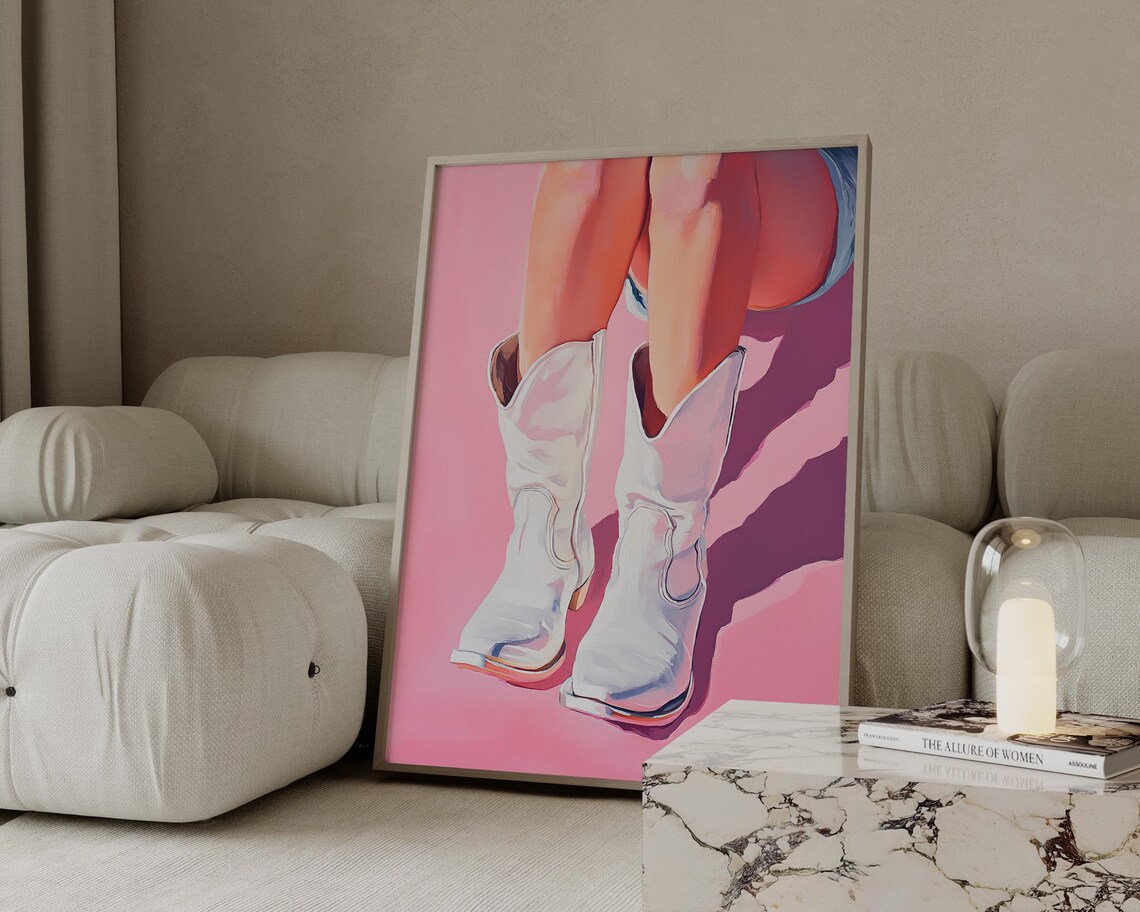 White Cowboy Boots Painting Pink Background Cowgirl Style Poster - Image 3