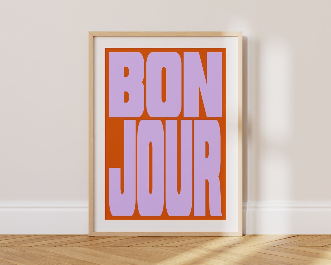 Bonjour Bold Lavender Typography Orange French Greeting Poster