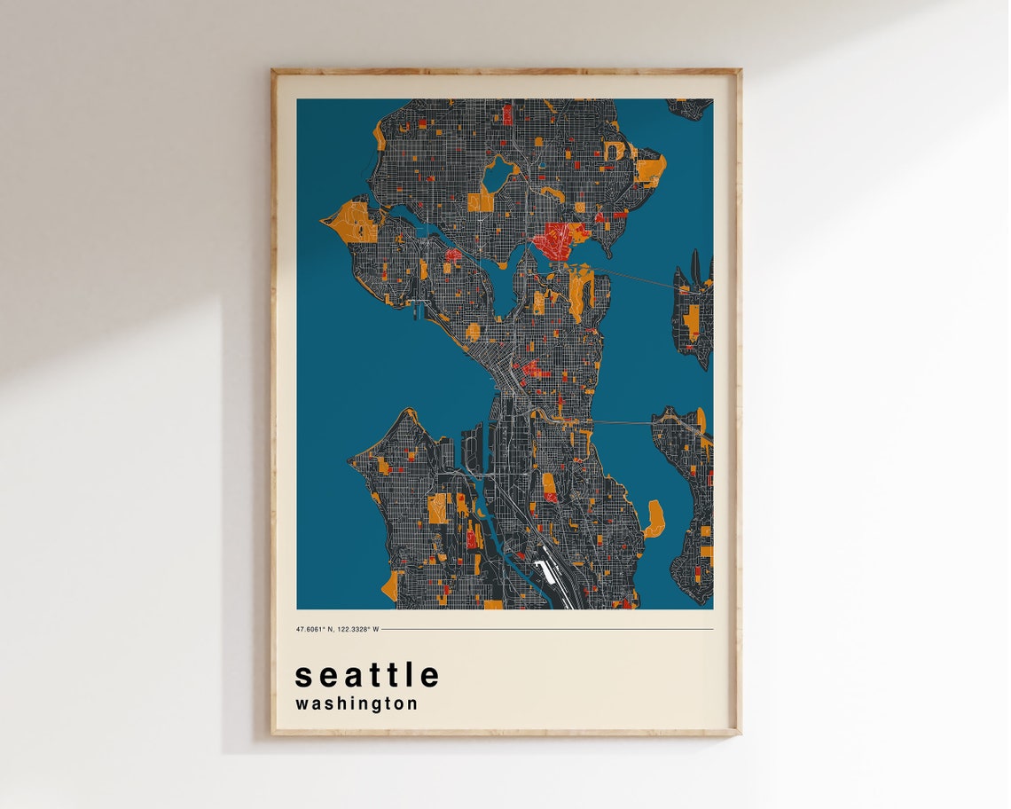 Seattle Washington Retro Colorful City Street Map Travel Poster