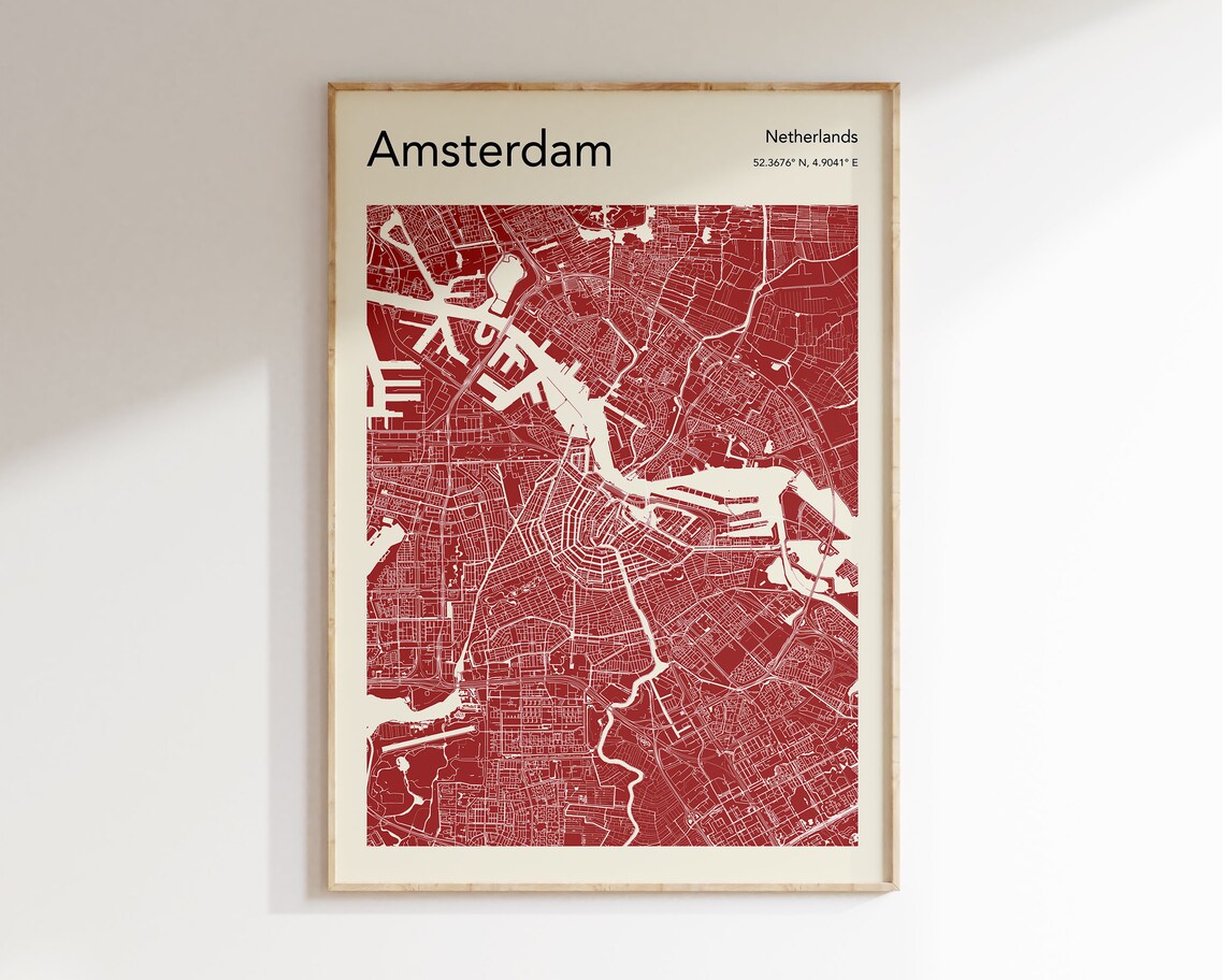 Amsterdam City Map, Travel Poster Wall Art Print