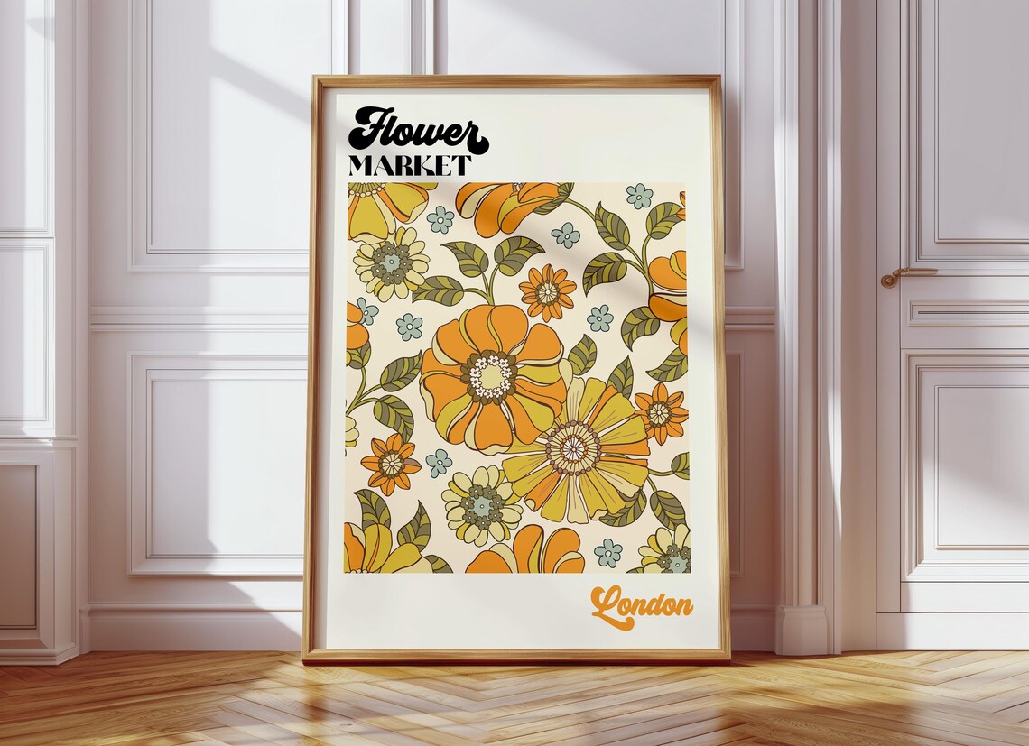 Retro London Flower Market Print Retro Yellow Floral Print 70s Botanical Print Flower Market Poster F024 - Image 3