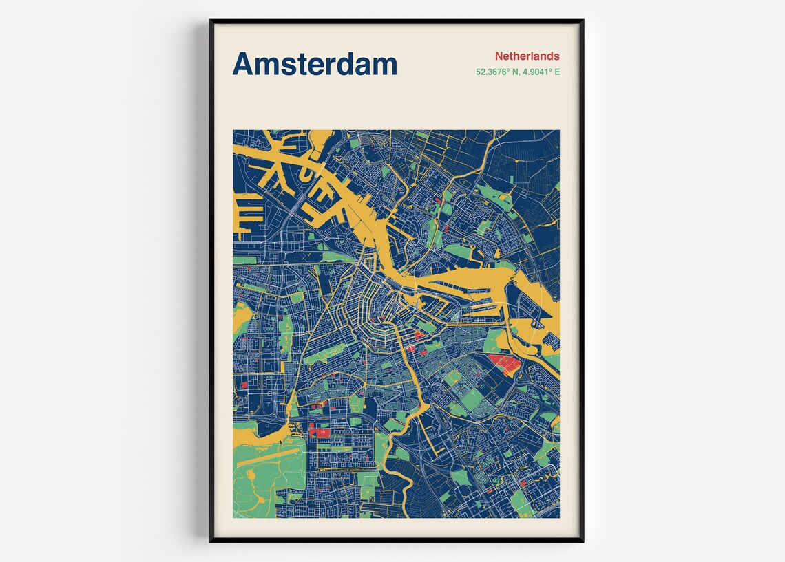Amsterdam Map Print, Netherlands Travel Poster