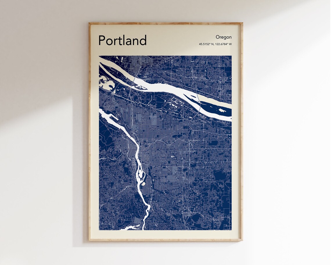 Portland Oregon City Street Map Navy Blue Minimalist Art Print