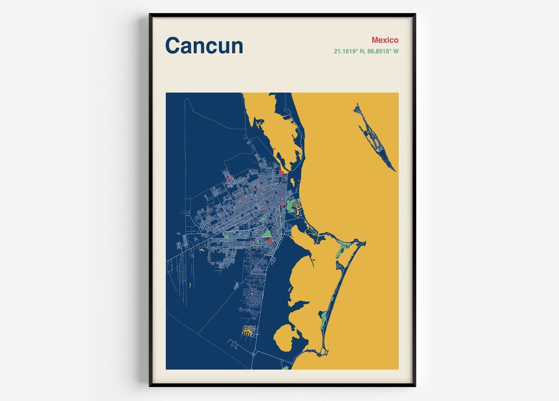 Cancun Mexico Color Block City Map Modern Coastal Travel Poster