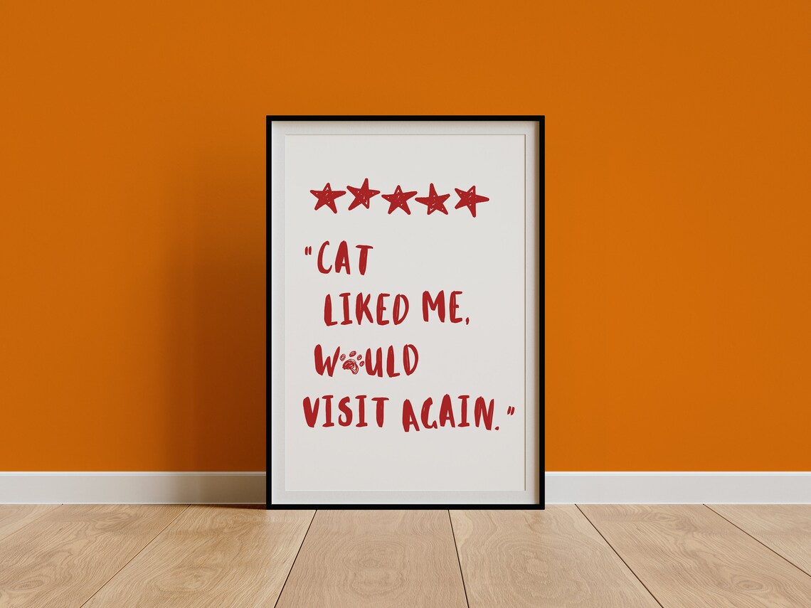 Red Handwritten Cat Liked Me Five Star Review Quote Cute Poster - Image 2