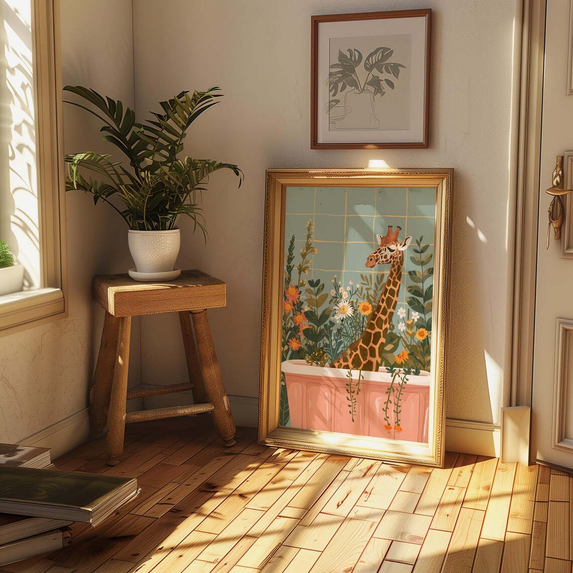 Giraffe in Pink Bathtub Sage Tiled Tropical Floral Wall Poster - Image 2