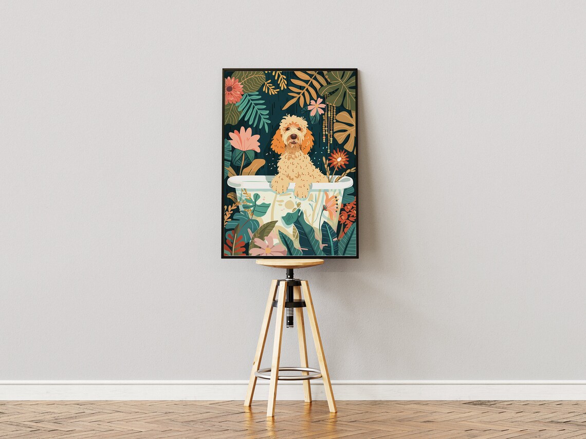 Goldendoodle Boho Jungle Bathtub Wall Art Print - Image 3