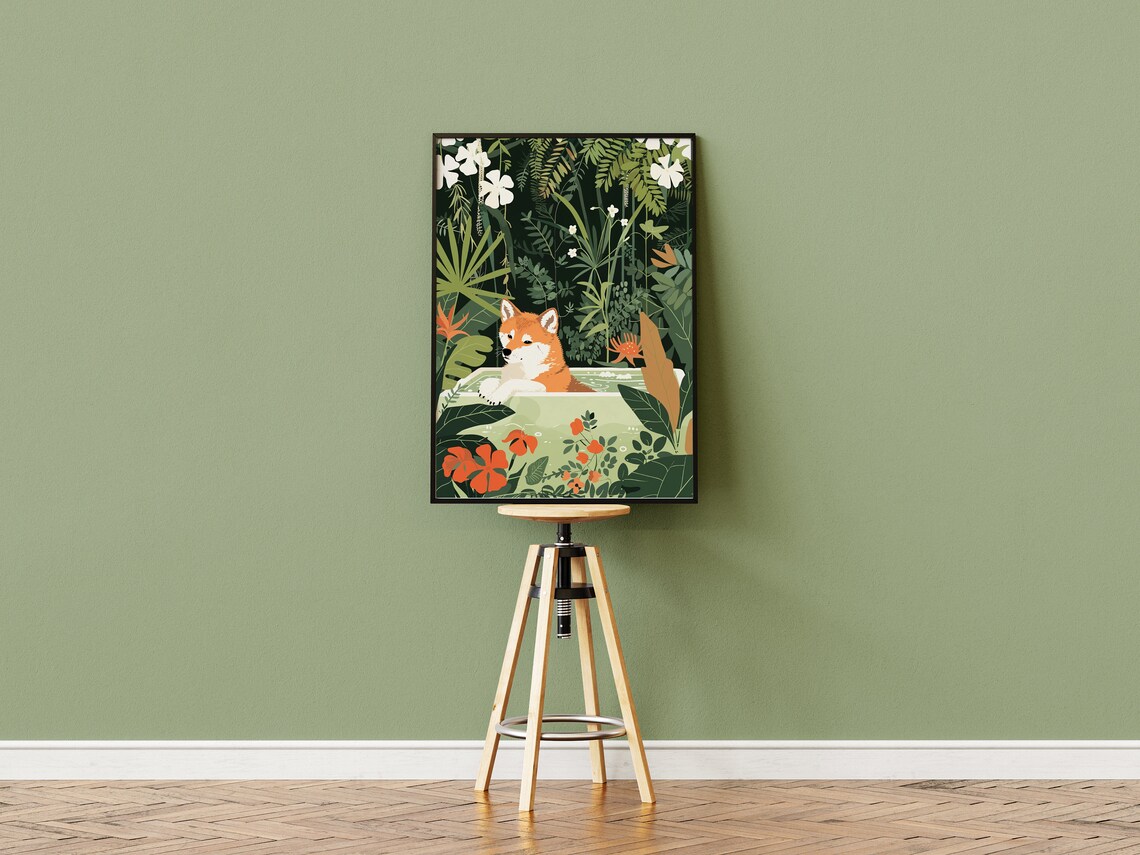 Red Japanese Dog Relaxing in Bathtub Dark Jungle Floral Poster - Image 3