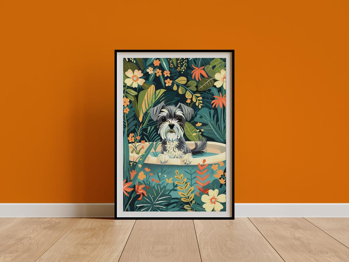 Miniature Schnauzer Puppy in Bathtub Dense Jungle Floral Poster