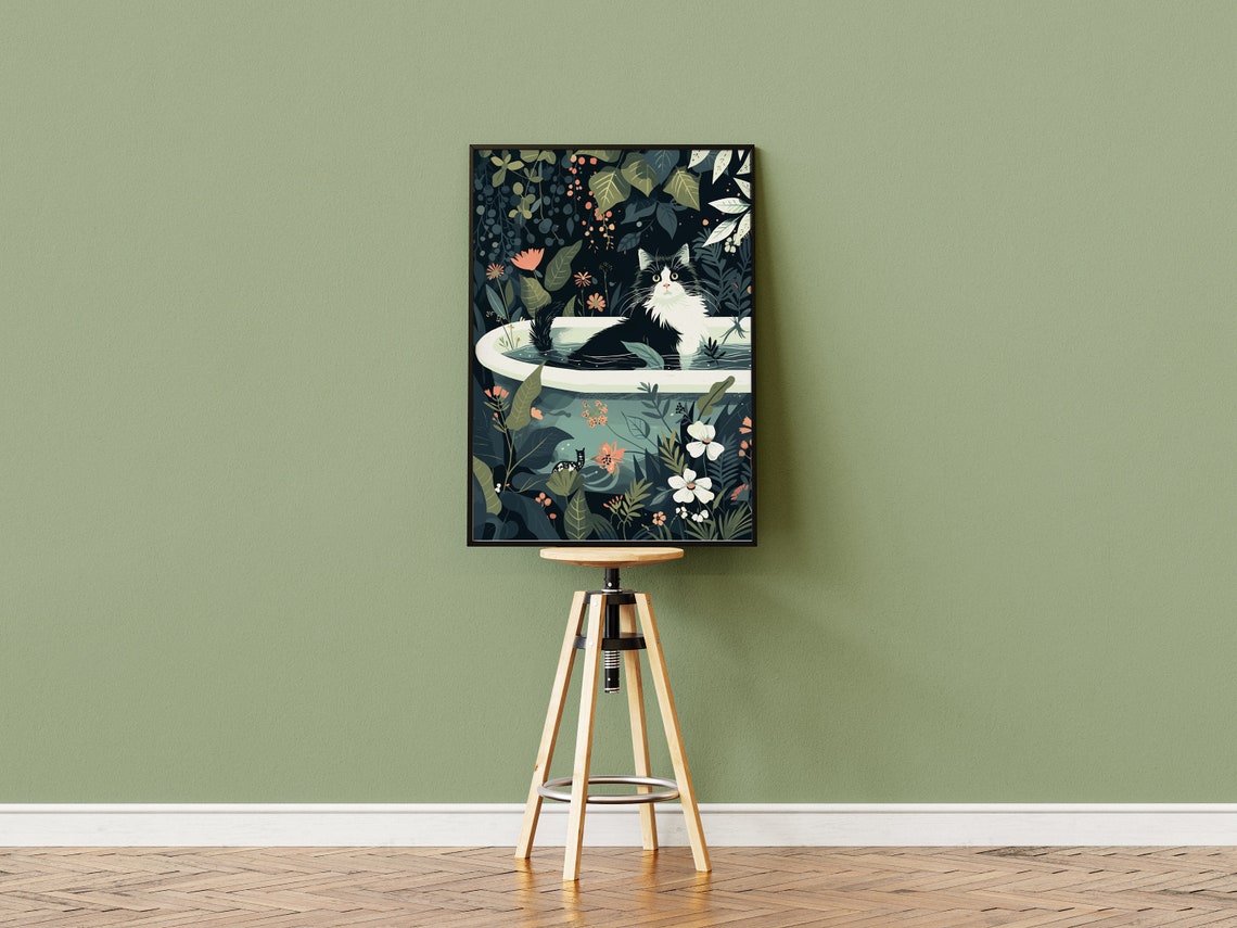Black and White Cat in Bathtub Dark Tropical Jungle Art Poster - Image 2