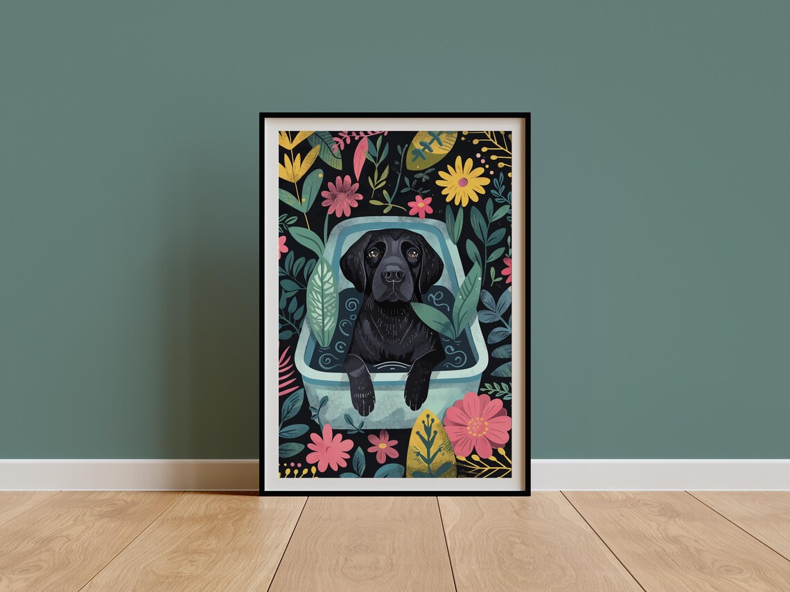 Black Labrador Art Print, Boho Nursery Dog Portrait