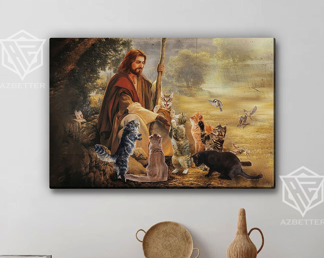 Jesus With Shepherd Staff Surrounded By Many Cats Christian Poster