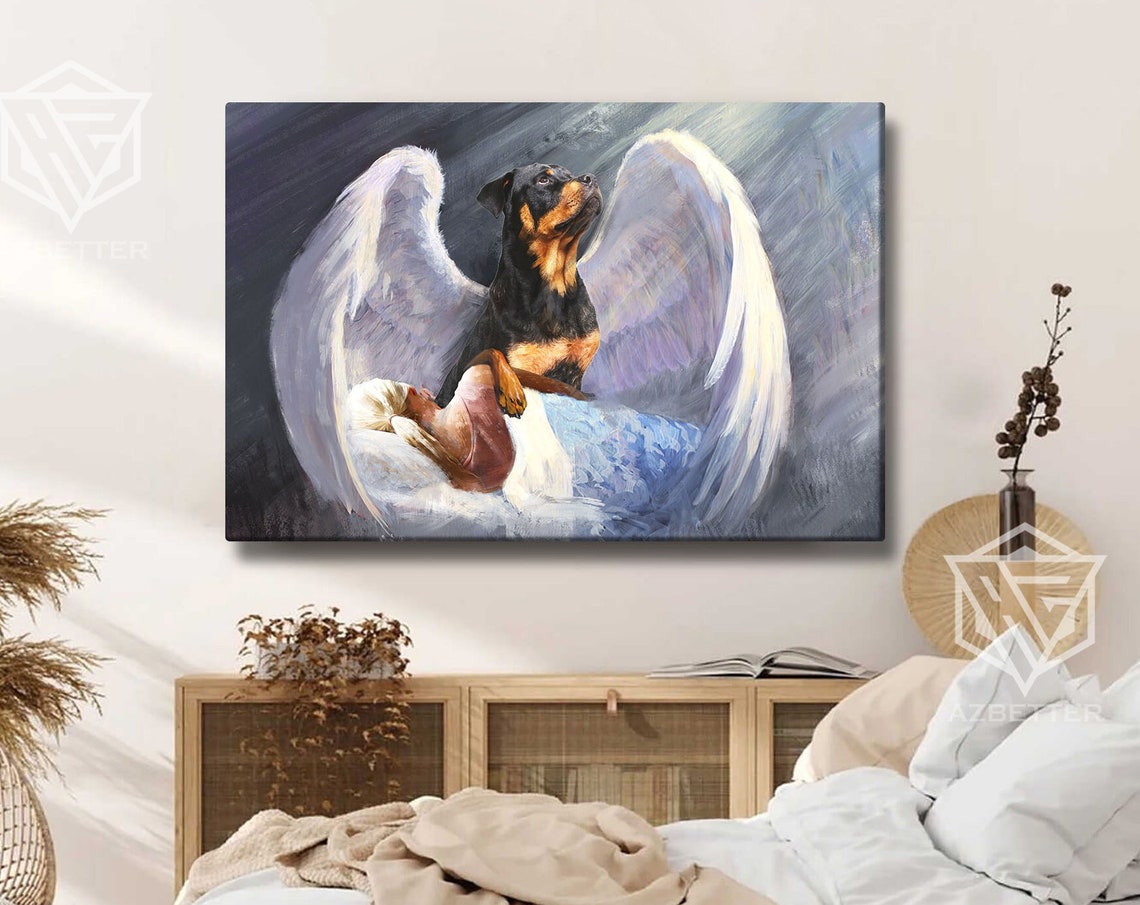 Rottweiler Guardian Angel Dog Watching Over Sleeping Girl Poster