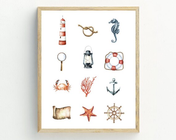 Watercolor Nautical Icons Anchor Lighthouse Seahorse Coastal Wall Art