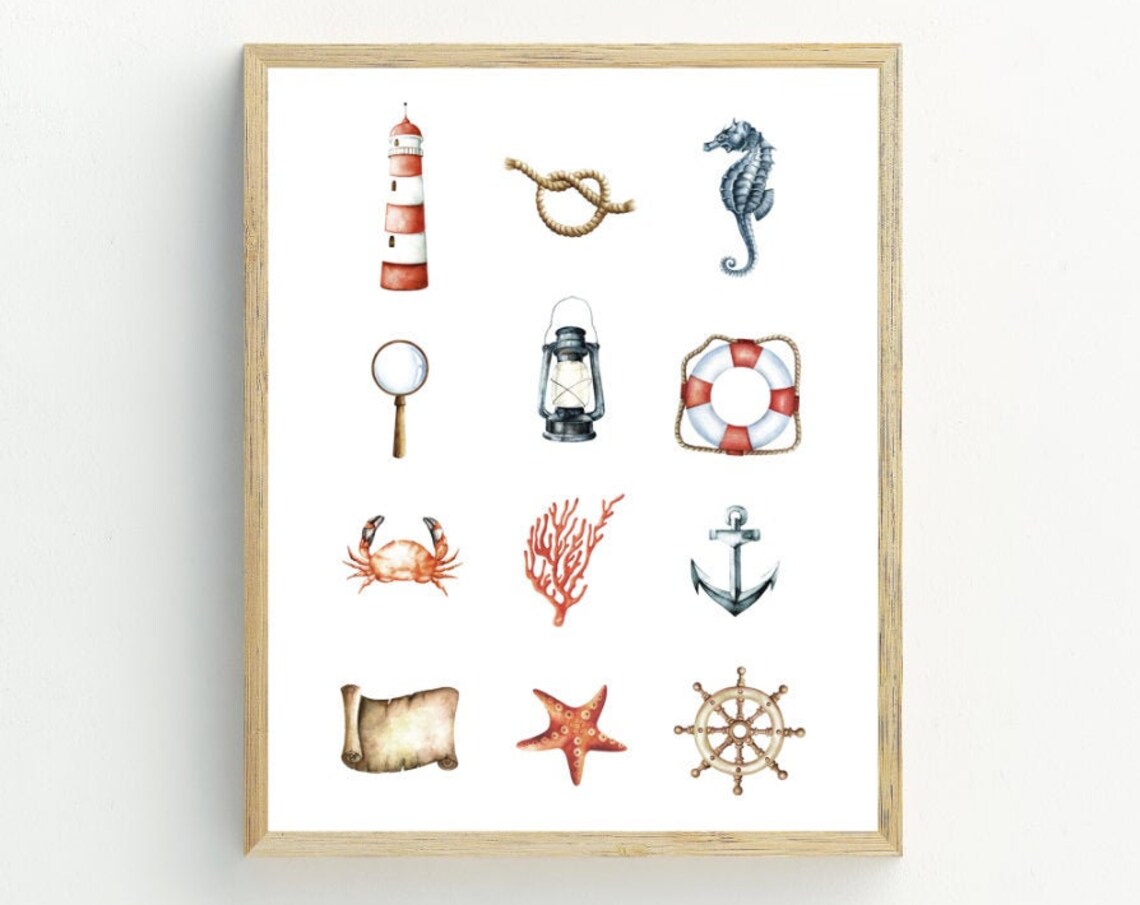 Watercolor Nautical Icons Anchor Lighthouse Seahorse Coastal Wall Art