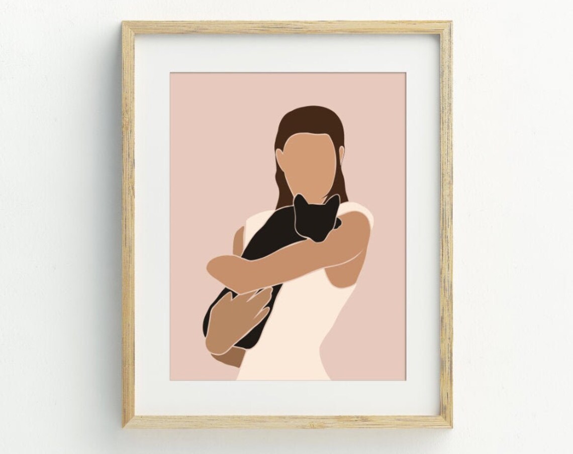 Woman Holding Black Cat Modern Illustration Blush Pink Pet Lover Poster