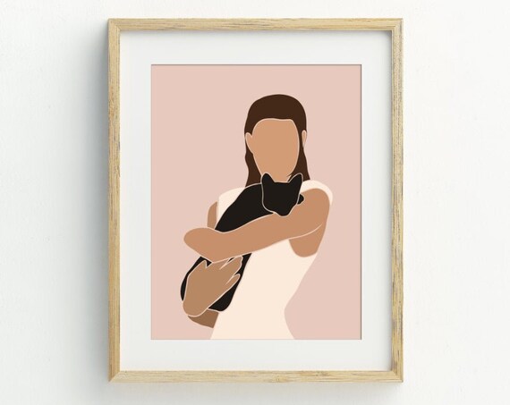 Woman Holding Black Cat Modern Illustration Blush Pink Pet Lover Poster