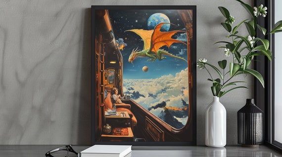 Whimsical Surreal Fantasy Train Journey Art Print Dragon In The Sky Dreamlike Adventure Wall Decor Imaginative Artwork
