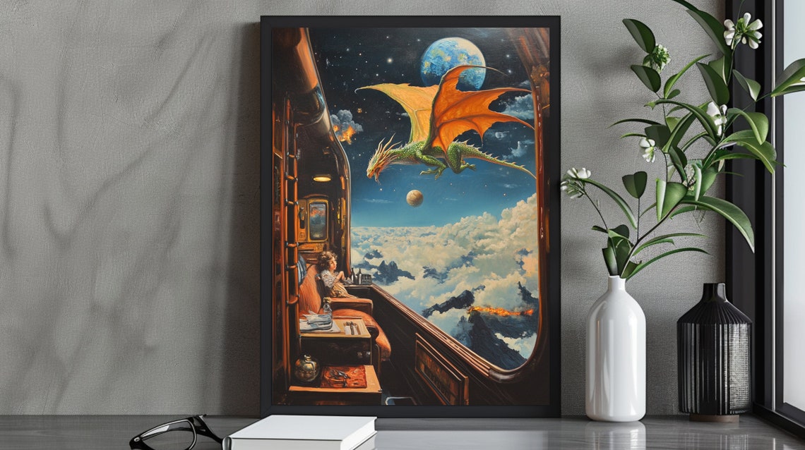 Whimsical Surreal Fantasy Train Journey Art Print Dragon In The Sky Dreamlike Adventure Wall Decor Imaginative Artwork