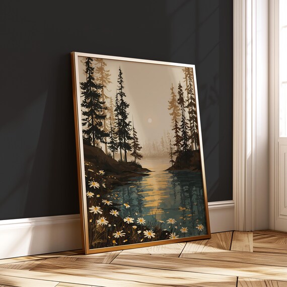 Daisy Lake Sunset Pine Forest Reflection Tranquil Boho Nature Poster