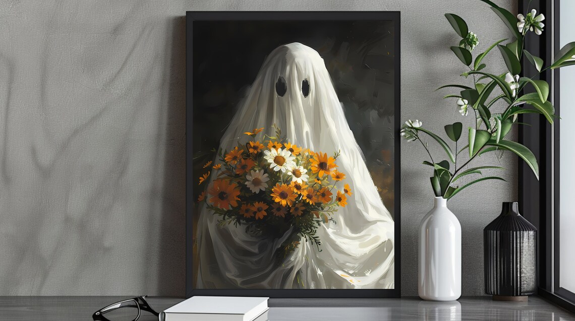 Ghost With Wildflowers, Vintage Halloween Art Print