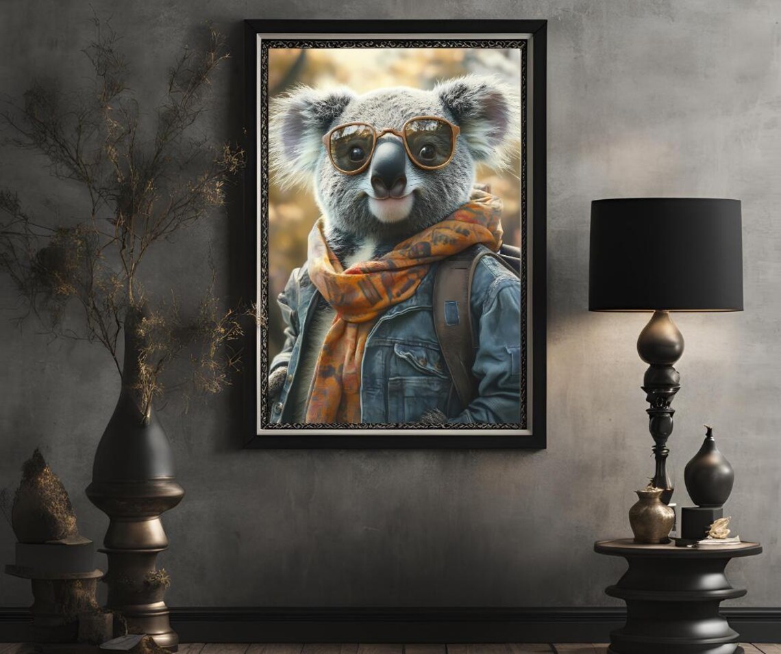 Koala Backpacker With Sunglasses Scarf and Denim Jacket Art Poster - Image 2