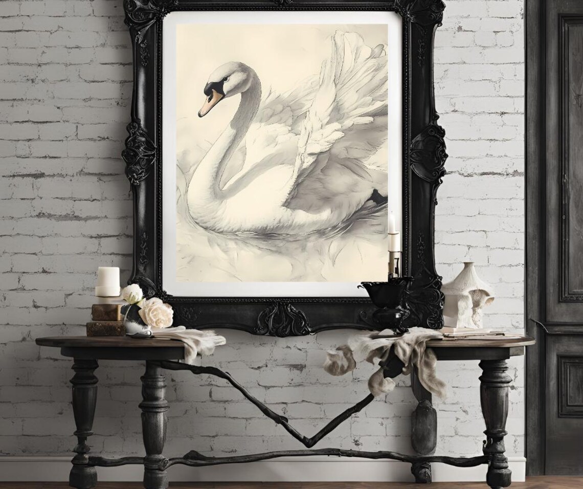Elegant White Swan Sepia Sketch In Vintage Drawing Style Poster - Image 4