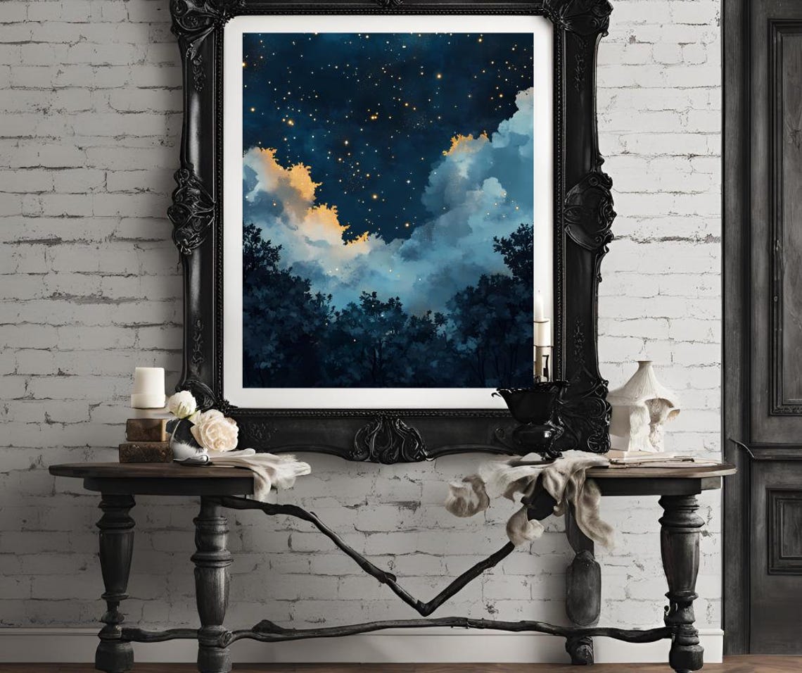 Starry Night Sky Above Dark Treeline With Golden Clouds Poster - Image 4