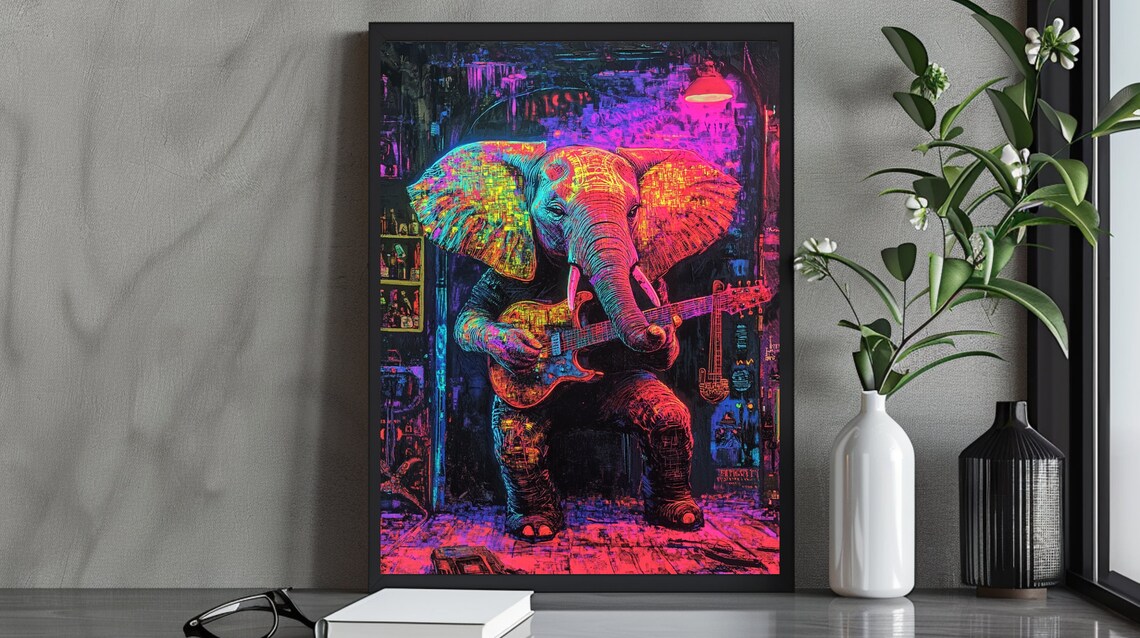 Neon Elephant Playing Guitar, Music Room Decor