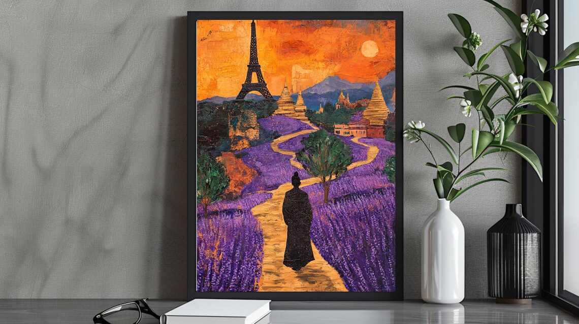 Eiffel Tower Over Lavender Fields Sunset Dreamlike Paris Art Poster