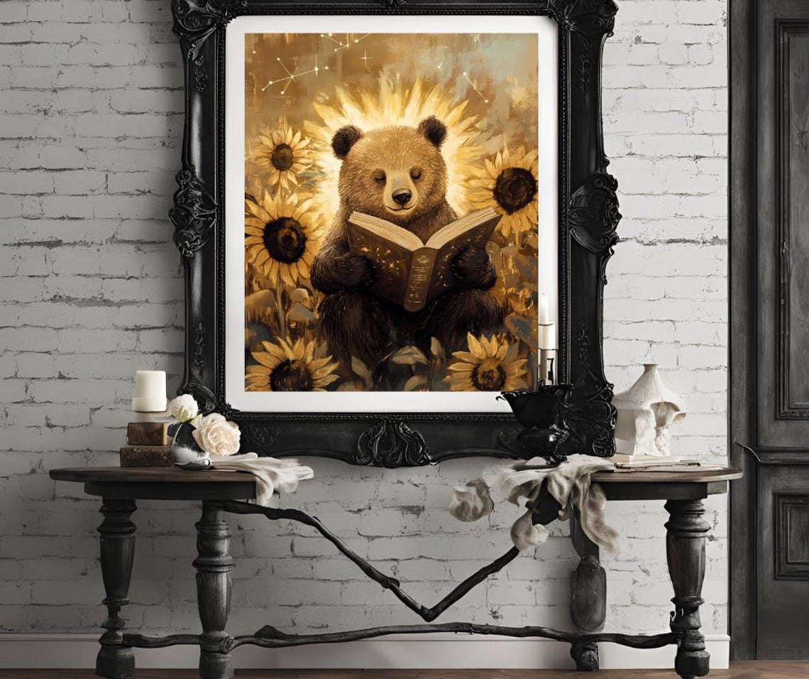 Cozy Bear Reading a Book Among Golden Sunflowers at Night Poster - Image 4
