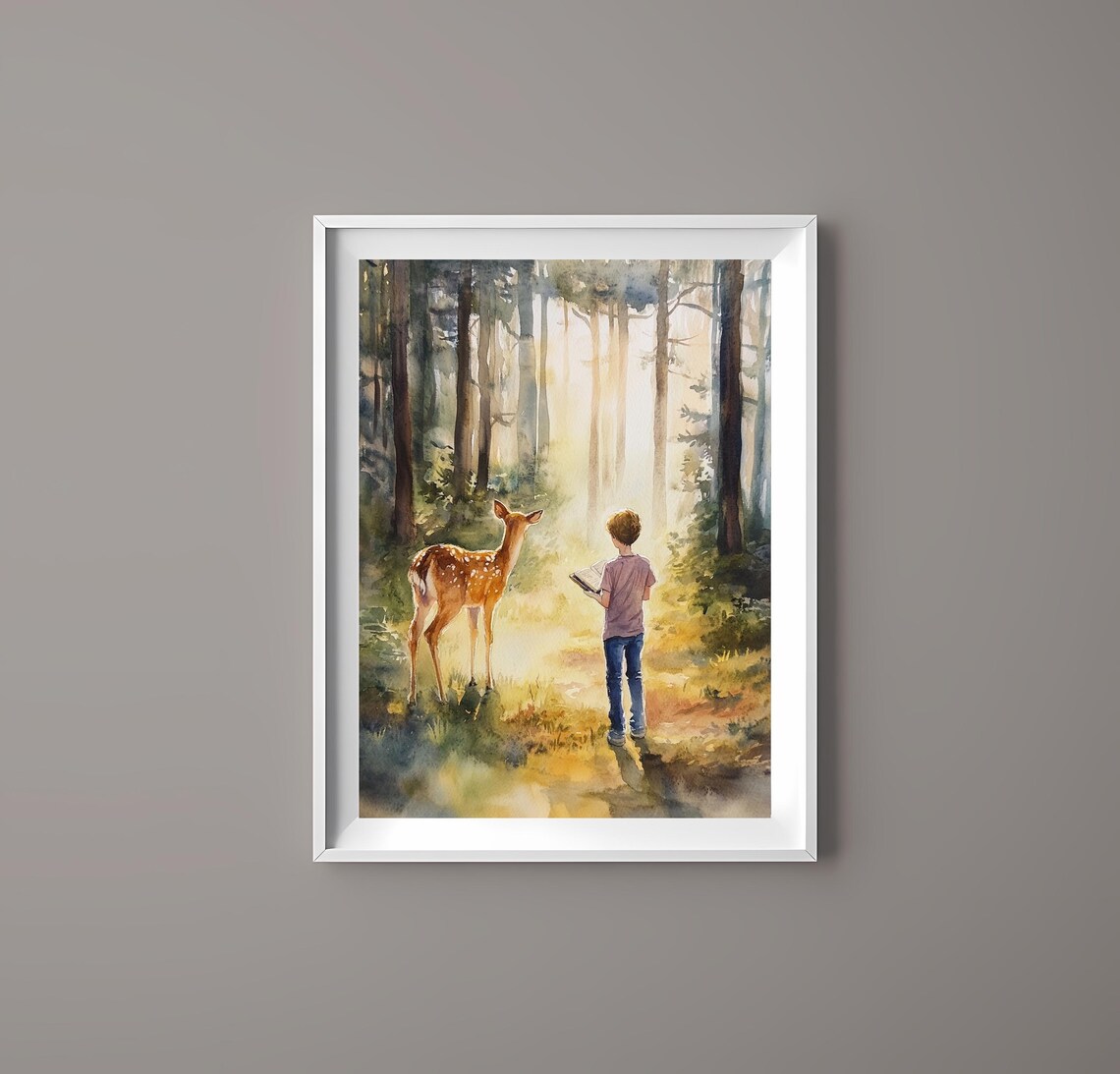 Boy And Deer In Sunlit Forest Serene Watercolor Nature Art Poster - Image 4
