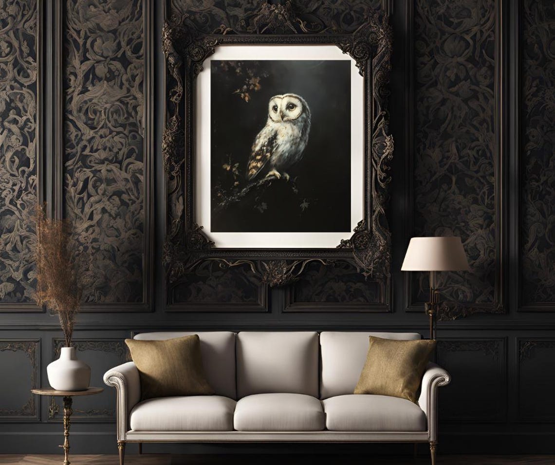 White Owl Perched on a Branch Dark Antique Painting Style Poster - Image 3