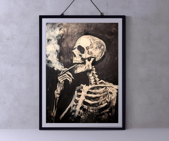 Van Gogh Print Skull Of A Skeleton With Burning Cigarette Moody Dark Academia Print Dark Wall Art Skull Art Print Gothic Wall Art