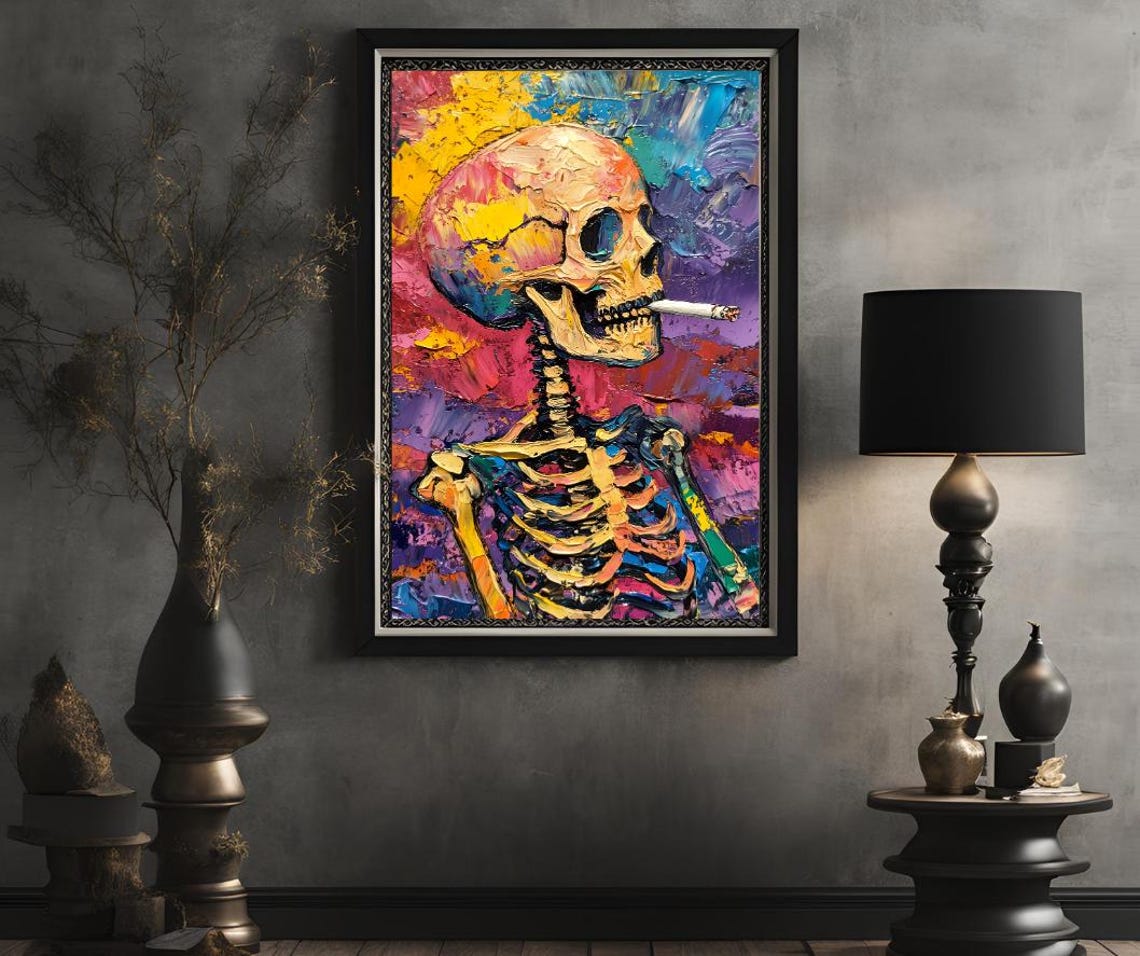 Van Gogh Print Skull Of A Skeleton With Burning Cigarette Moody Dark Academia Print Dark Wall Art Skull Art Print Gothic Wall Art - Image 2