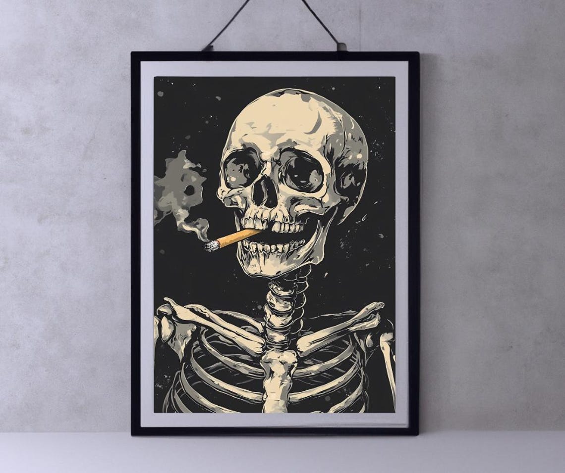 Skeleton Smoking Cigarette Monochrome Dark Halftone Front View Poster