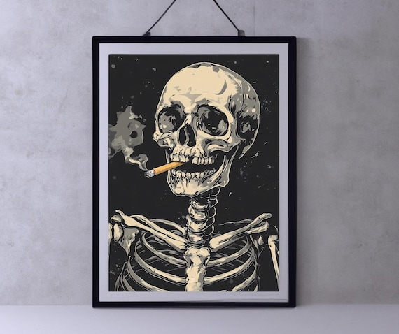 Skeleton Smoking Cigarette Monochrome Dark Halftone Front View Poster