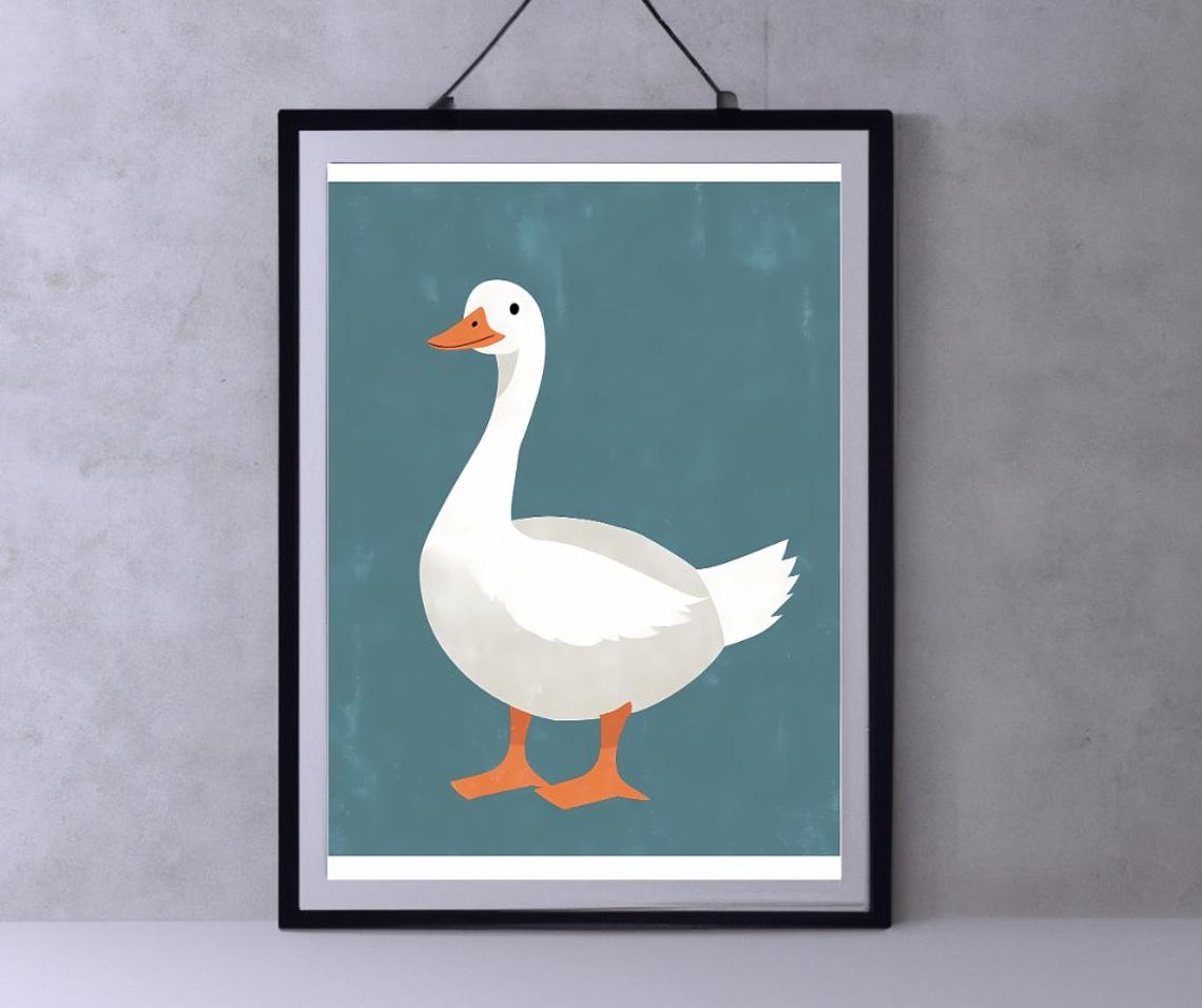 Minimalist White Goose Illustration on a Teal Background Art Poster