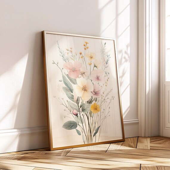 Pastel Wildflower Bouquet Soft Watercolor Romantic Floral Art Poster