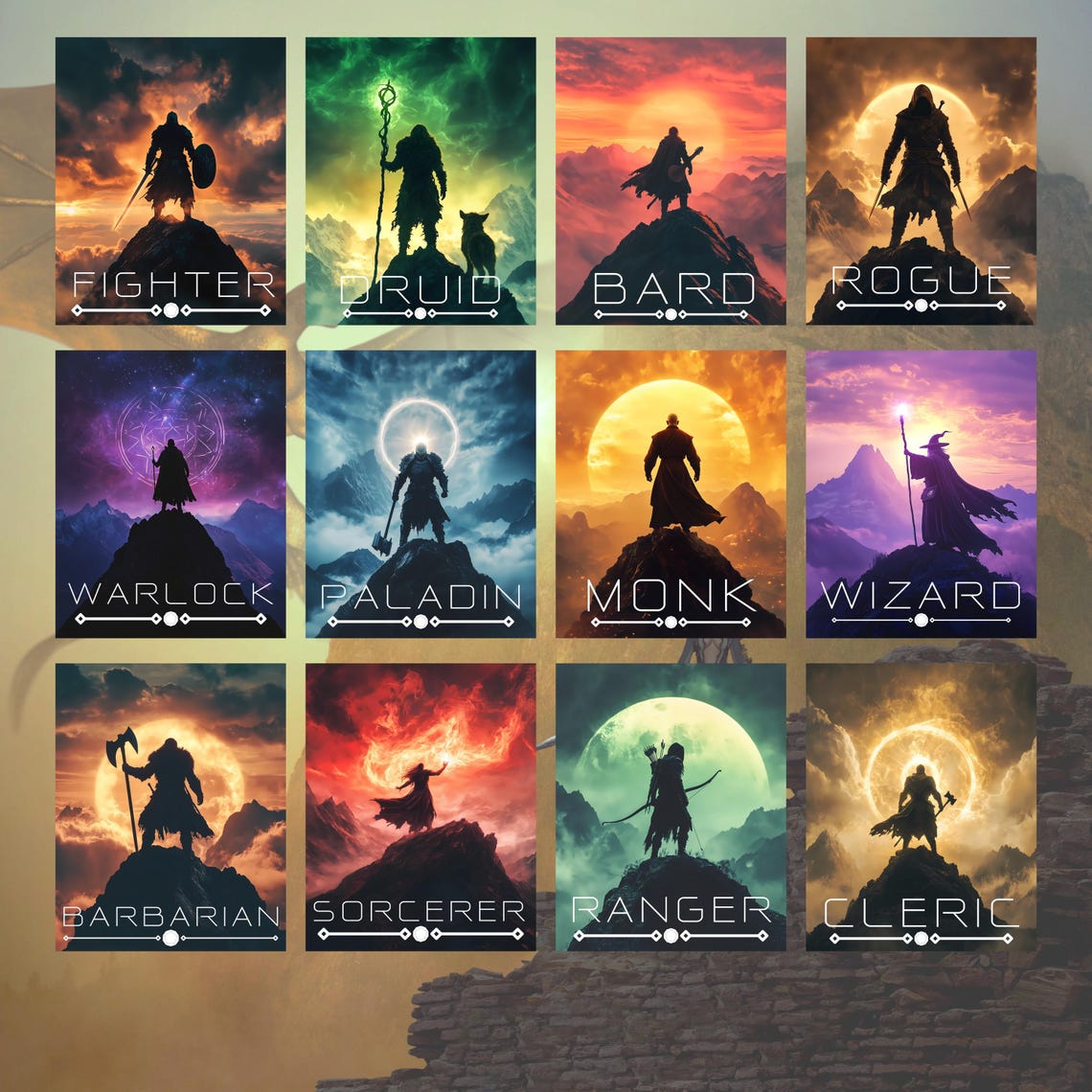 Fantasy RPG Character Class Poster Set 12 Artworks Fighter Wizard